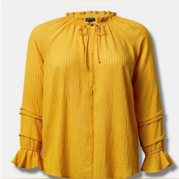 Torrid Yellow Stripe Gauze Front Tie Lace-Up Peasant Blouse Size 4X - Picture 3 of 10